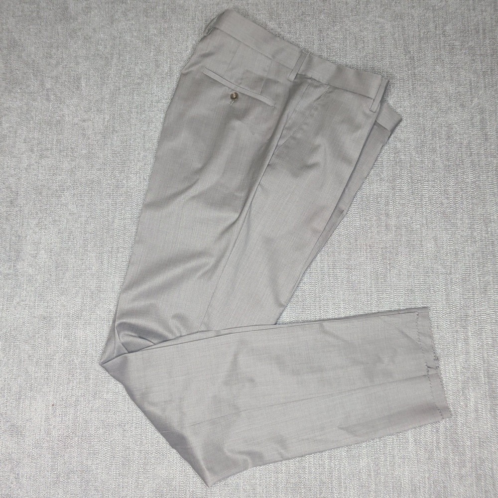 Hugo Boss Mens Light Gray Flat Front Wool Dress Pants Size 42R Unfinished Hem